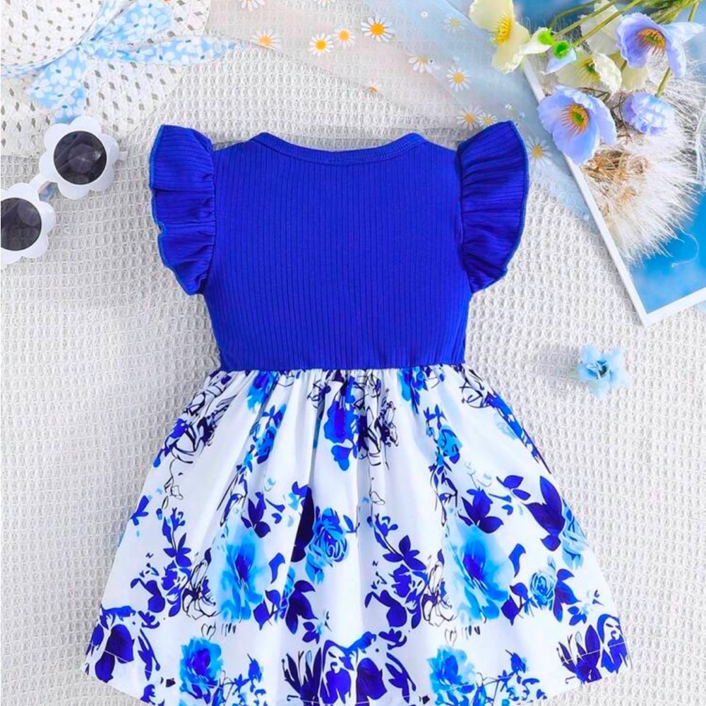 🆕 Baby Girl Summer Ruffled Sleeve Floral Patchwork Dress - Picture 4 of 7